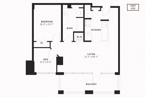 Floor plan for 1 bed, 1 bath, 805 sqft